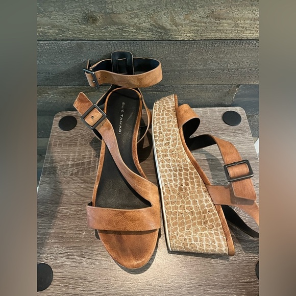 ELIE TAHARI ~Brown/Black Strappy Wedge Sandals - Picture 5 of 9